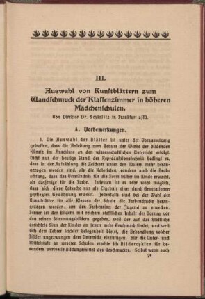 III. Auswahl von Kunstblättern zum Wandschmuck der Klassenzimmer in höheren Mädchenschulen.