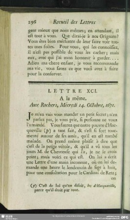 Lettre XCI. A la même. Aux Rochers, Mécredi 14. Octobre, 1671