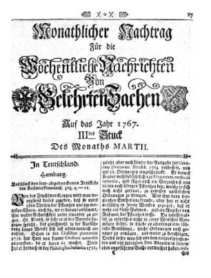 Monathlicher Nachtrag [...] Auf das Jahr 1767. IIItes Stuck Des Monaths Martii