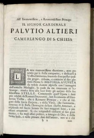 All´Eminentissimo, e Reuerendissimo Principe Il Signor Cardinale Palutio Altieri Camerlengo di S. Chiesa