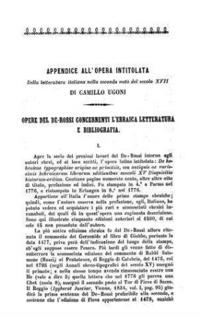 Opere del de-Rossi concernenti l'ebraica letteratura e bibliografia / S. D. Luzzatto