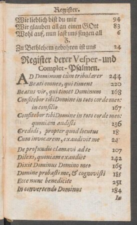 Register derer Vesper- und Complet-Psalmen.