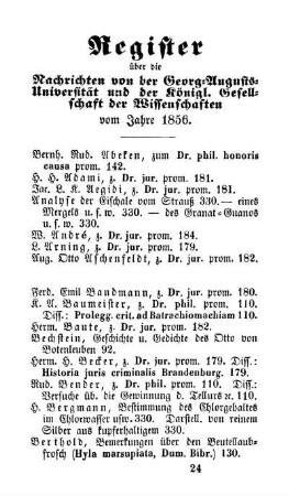 Register über die Nachrichten von der Georg=Augusts=Universität und der Königl. Gesellschaft der Wissenschaften vom Jahre 1856.