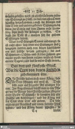 Das drey und fünfftzigste Stuck. Wie die Cron von denen Fröschen zubekommen seye