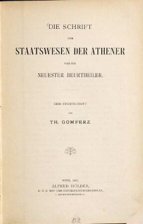 Die Schrift vom Staatswesen der Athener und ihr neuester Beurtheiler : eine Streitschrift