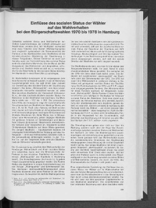 Einflüsse des sozialen Status der Wähler auf das Wahlverhalten bei den Bürgerschaftswahlen 1970 bis 1978 in Hamburg