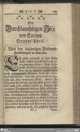 I. Von den bisherigen Friedens-Handlungen in Europa