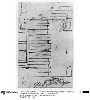 Studie zum "Eisenwalzwerk. Moderne Cyklopen": Walzen und Details, ein Arbeiter mit Stange in Rückenansicht