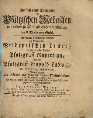 Versuch einer Sammlung von Pfältzischen Medaillen, Schau-, Gedächtnis- und allerley andern Müntzen, 2,4