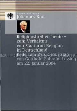Broschüre mit dem Wortlaut einer Rede von Bundespräsident Johannes Rau zum 275. Geburtstag von Gotthold Ephraim Lessing