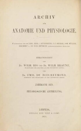 Archiv für Anatomie und Physiologie. Physiologische Abteilung, Archiv für Physiologie. 1879