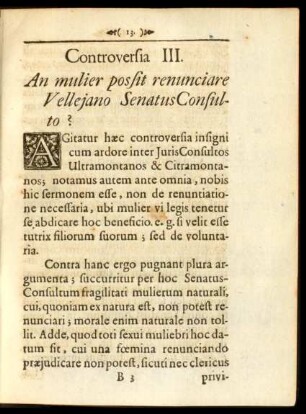 Cotroversia III. An mulier posit renunciare Vellejano Senatus Consulto?