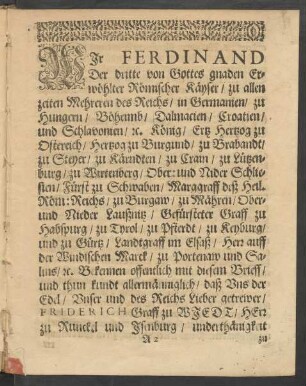 Wir Ferdinand Der dritte von Gottes gnaden Erwöhlter Römischer Käyser ...