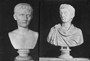 Links: Porträtkopf des Octavian, Rechts: Büste des Augustus aus dem Vatikan