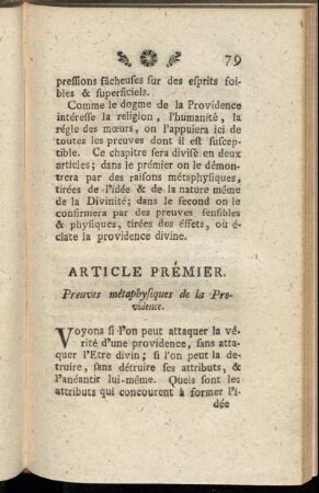 Article Prémier. Preuves métaphysiques de la Providence.