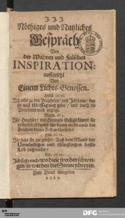 Nöthiges und Nutzliches Gespräch Von der Wahren und falschen Inspiration