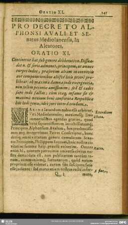 Pro Decreto Alphonsi Avali Et Senatus Mediolanensis, In Aleatores. Oratio XI.