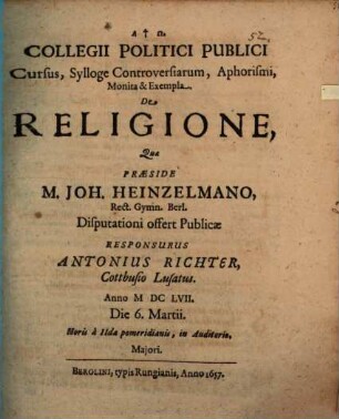 Collegii politici publici cursus ... de religione
