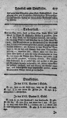 Druckfehler. In des XVII. Bandes I. Stücke. - In des XXIX. Bandes II. Stücke.