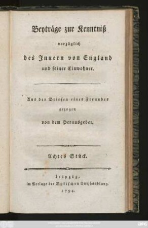 Stück 8: Beyträge zur Kenntniß vorzüglich des Innern von England und seiner Einwohner