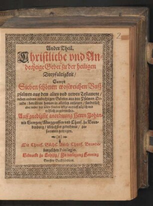 2: Andechtige Gebet/ Gesenge und Collecten/ auff alle Tage in der Wochen