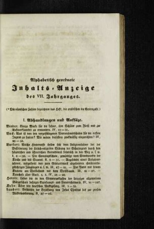 Alphabetisch geordnete Inhalts-Anzeige des VII. Jahrganges