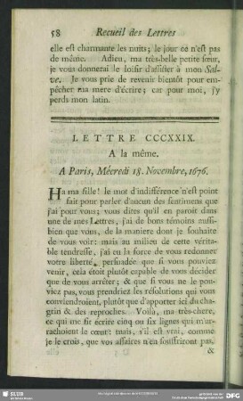 Lettre CCCXXIX. A la même. A Paris, Mécredi 18. Novembre, 1676