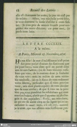 Lettre CCCXXIX. A la même. A Paris, Mécredi 18. Novembre, 1676