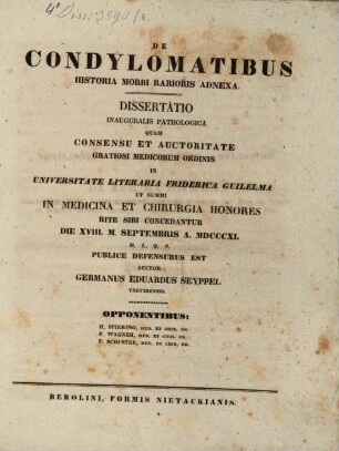 De condylomatibus : historia morbi rarioris adnexa ; diss. inaug. path.