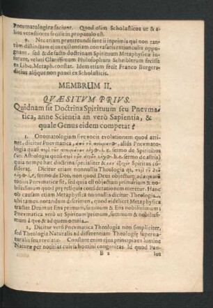 Membrum II. Quaesitum Prius. Quidnam sit Doctrina Spirituum seu Pneumatica, anne Scientia an vero Sapientia, & quale Genus eidem competat?