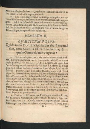 Membrum II. Quaesitum Prius. Quidnam sit Doctrina Spirituum seu Pneumatica, anne Scientia an vero Sapientia, & quale Genus eidem competat?