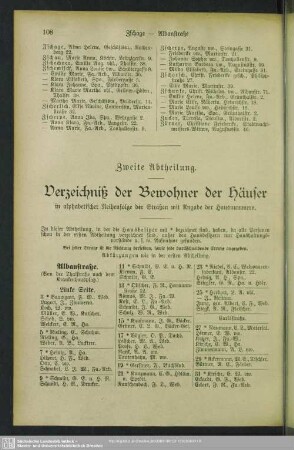 Zweite Abtheilung. Häuserbuch : Zweite Abtheilung. Verzeichniß der Bewohner der Häuser