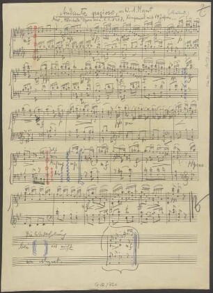 Variationen über eine Melodie von W. A. Mozart, vlc, cl, pf, op. 101, Sketches - BSB Mus.ms. 14558 : Cara Grisar gewidmet. // Variationen über eine // Melodie von W. A. Mozart // (Andante grazioso, aus "Mitridate" K.V.-N|o 87; komponiert mit 14 Jahren!) // für Klarinette (Viola), Cello und // Klavier // op. 101. // Von // Hermann Zilcher. // Originalskizzen. // ZH. // Diese Skizzen gehören Cara Grisar, sie hat mir die // Variationen geschenkt; mit innigem Dank gebe ich ihr das op. 101 zurück. // ZH. // Im November 1943.