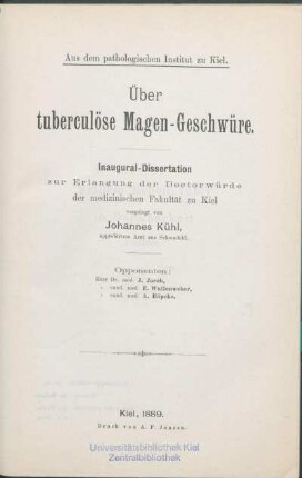 Über tuberculöse Magen-Geschwüre