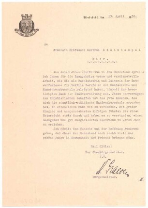 Brief des des Bürgermeisters von Bielefeld : Biografisches Dokument. 13.04.1938