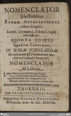 Nomenclator tribus linguarum Latina-Germanica-Polonica
