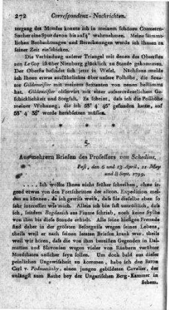 Aus mehrern Briefen des Professors von Schedius : Pest, den 6 und 13 April, 11 May und 8 Sept[ember] 1799