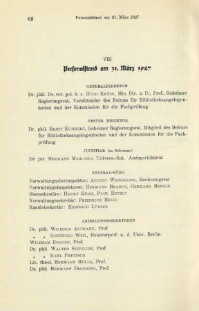 VIII Personalstand am 31. März 1927