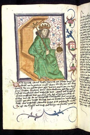 Thronender ungarischer Herrscher: König Salomo; Rankenwerk.