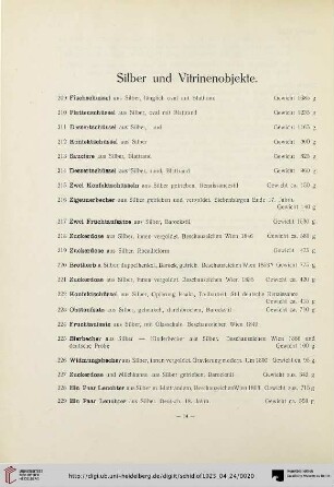 Silber und Vitrinenobjekte (Nr. 209-273)