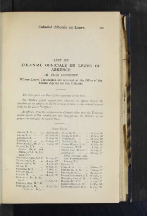 List of Colonial Officials on Leave of Absence in this country