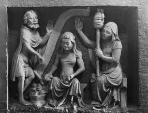 Erfurt, Severikirche, Severisarkophag (inneres Südseitenschiff), Abschied des Severus von Frau und Tochter; Meister des Severisarkophags