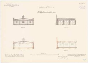 Kaserne des 4. Garderegiments zu Fuß, Berlin-Moabit: Feldfahrzeugschuppen: Querschnitt, Längsschnitt, Giebelansicht, Vorderansicht 1:100