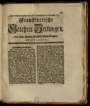 Num. XCI. Dienstags den 10. Novembr. 1750. - Num. C. Montags den 7. Decembr. 1750