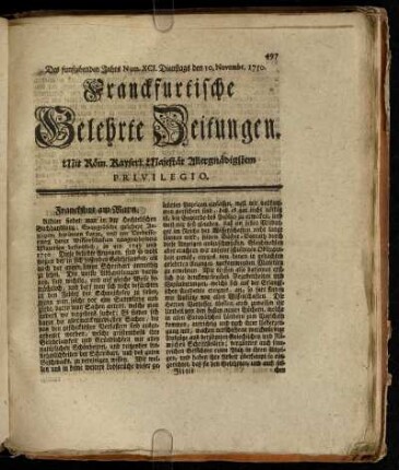 Num. XCI. Dienstags den 10. Novembr. 1750. - Num. C. Montags den 7. Decembr. 1750