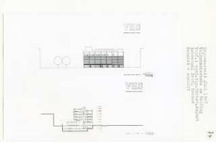 Volkshochschule und Bücherei am Vinetaplatz, Berlin-Wedding (Diplomarbeit bei Willy Kreuer): Ansicht von Norden und Schnitte 1:200