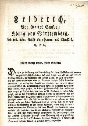 Mandat von König Friedrich über Bezahlung und Abrechnung des Umgelds durch die Communen