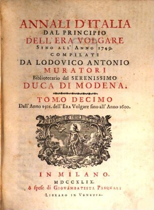Annali d'Italia dal principio dell'era volgare sino all'anno 1500, 10. Dall'Anno 1501. dell'Era Volgare sino all'Anno 1600