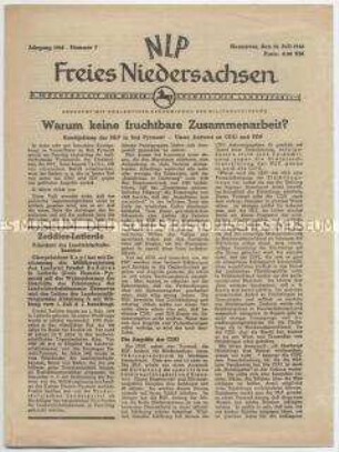 Mitteilungsblatt der Niedersächsischen Landespartei (NLP) u.a. zum Verhältnis der Partei zur CDU und zur FDP