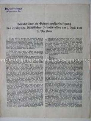 Sonderdruck mit dem Bericht über eine Vorstandssitzung des Verbandes Sächsischer Industrieller